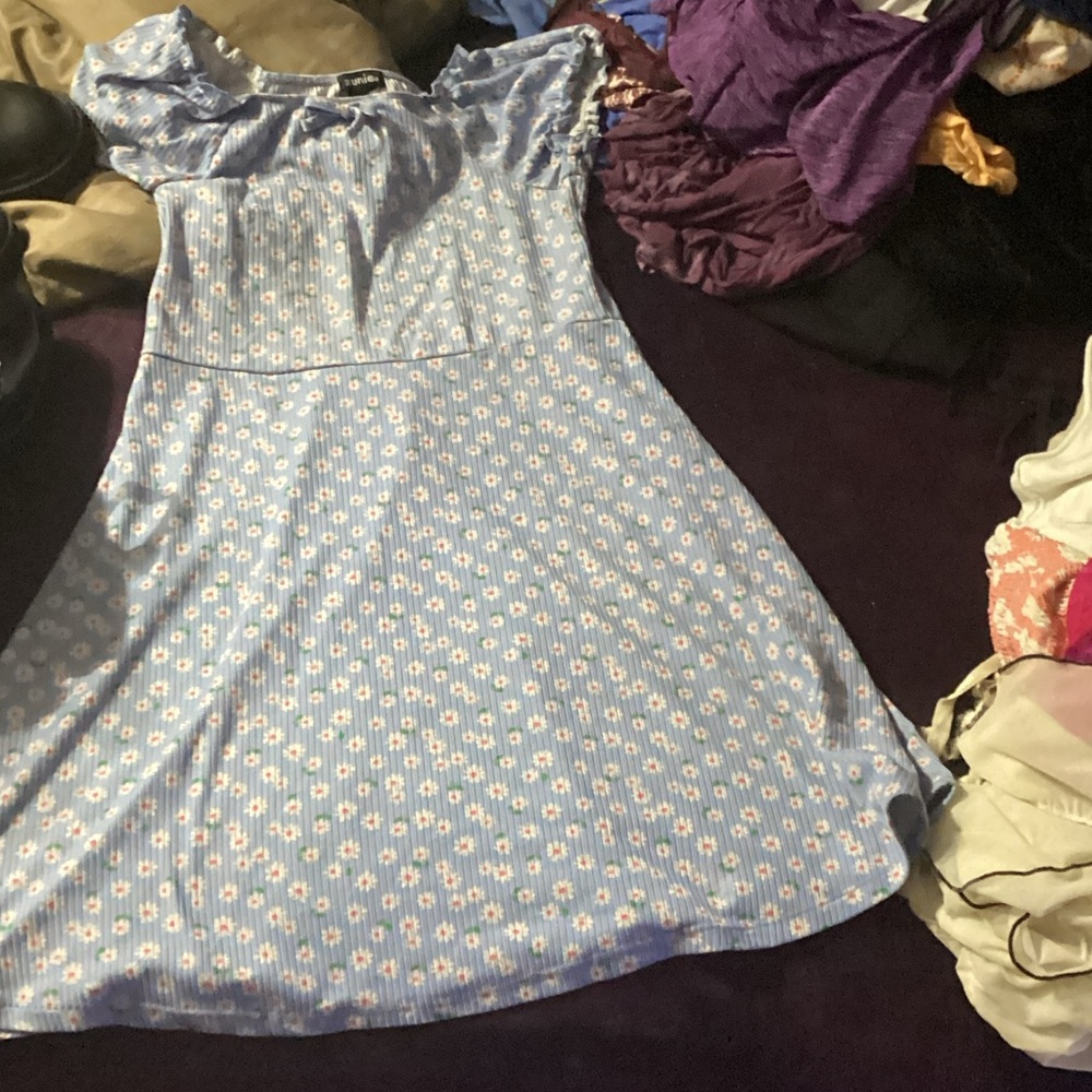Zunie Light Blue Dress with White Floral Design
